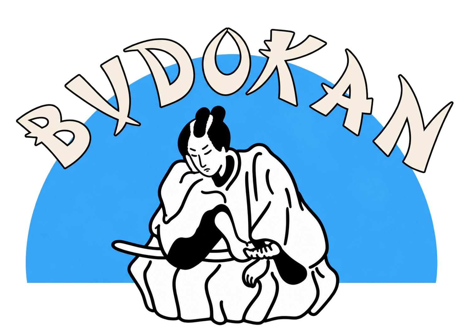 Logotipo de Gimnasio Budokan con dos judocas ante un semicírculo azul
